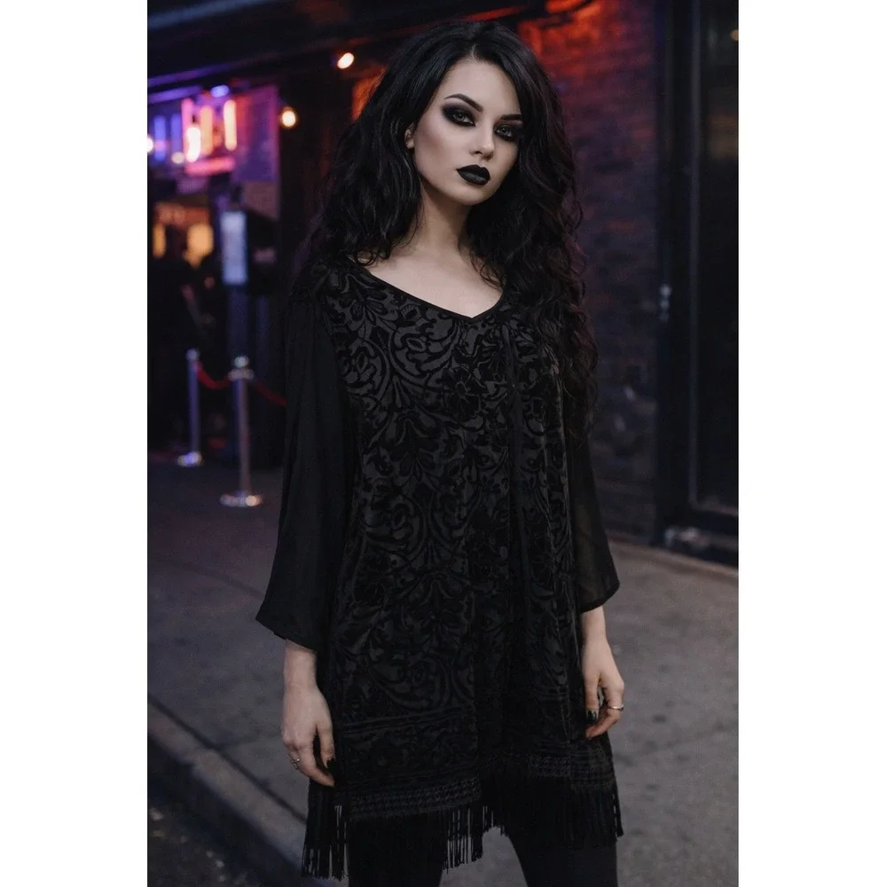 Catherine's Black Velvet Burnout Damask Fringe Tunic Top 2X 22/24W Dark Floral - Picture 1 of 5